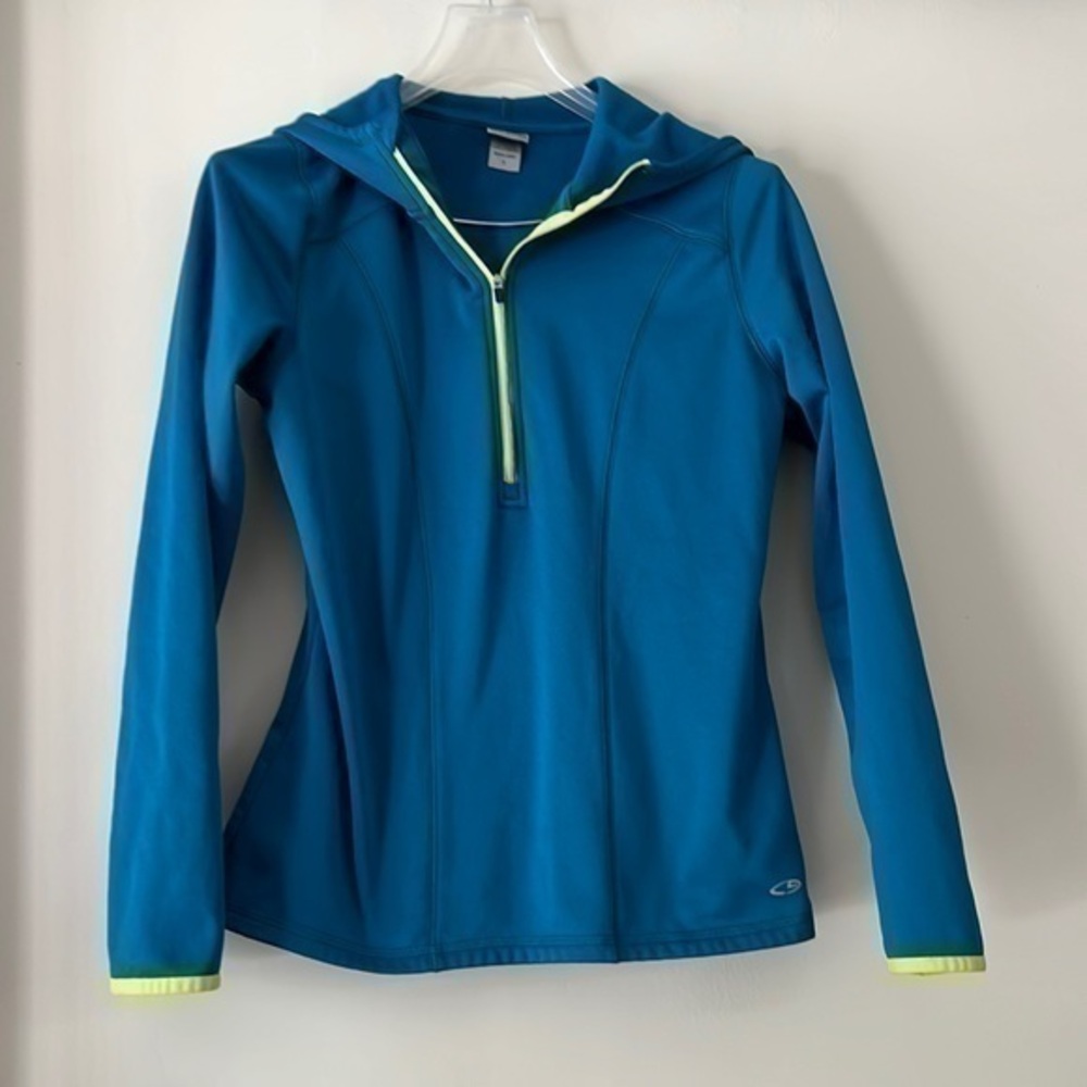 Champion size, small pull over hoodie, electric green accent
